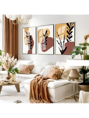 Harikabirev Harikabirev|soft Sarı-Kahve Minimalist Yapraklı Set 04 |çerçeveli Cam Tablo 3lü Dikey