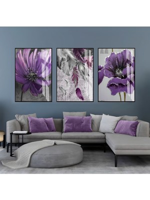 Harikabirev Harikabirev|gri-Mor Çiçek Tüy Kombini |çerçeveli Cam Tablo  3lü Dikey