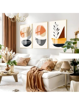 Harikabirev Harikabirev|kahverengi-Sarı Soyut Bohem Seti |çerçeveli Cam Tablo 3lü Dikey