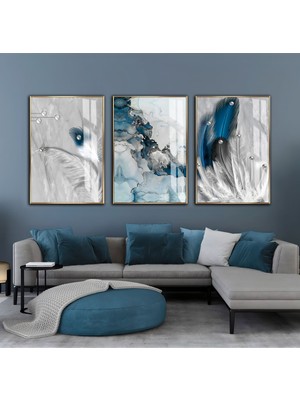 Harikabirev Harikabirev|gri-Lacivert Soyut Tüy Kombini |çerçeveli Cam Tablo  3lü Dikey