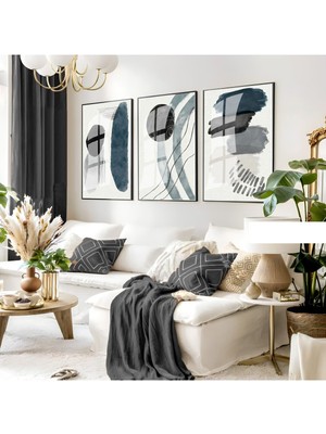 Harikabirev Harikabirev|soft Gri Mavi Minimalist Soyut Set |çerçeveli Cam Tablo 3lü Dikey