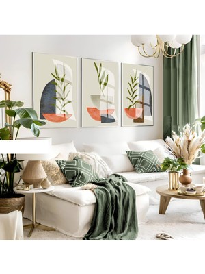 Harikabirev Harikabirev|gri-Mavi-Pembe Soft Bohem Yapraklı Seti |çerçeveli Cam Tablo 3lü Dikey
