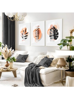Harikabirev Harikabirev|gri-Turuncu Minimal Yapraklı Kombini 03 |çerçeveli Cam Tablo 3lü Dikey