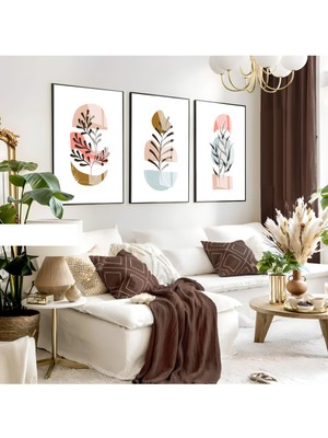 Harikabirev Harikabirev|soft Pembe-Mavi Yapraklı Minimalist Bohem Seti |çerçeveli Cam Tablo 3lü Dikey