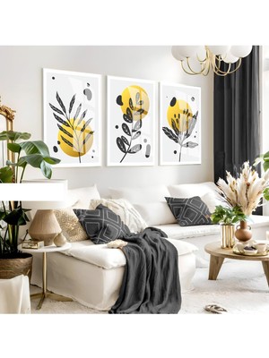 Harikabirev Harikabirev|gri-Sarı Minimalist Yaprak Bohem Seti |çerçeveli Cam Tablo 3lü Dikey