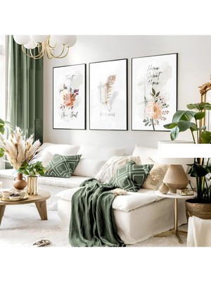 Harikabirev Harikabirev|soft Gri-Krem Minimalist Çiçekli Set|çerçeveli Cam Tablo 3lü Dikey