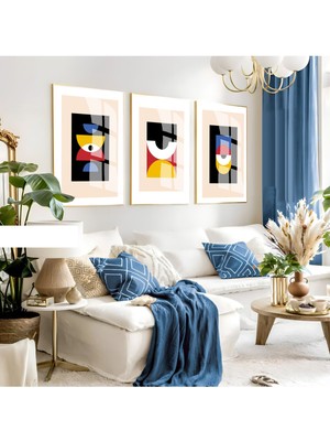 Harikabirev Harikabirev|siyah-Turuncu-Mavi Minimalist Soyut Kombini|çerçeveli Cam Tablo 3lü Dikey