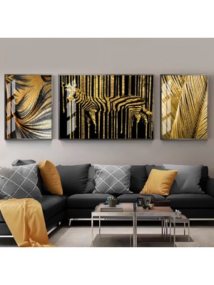 Harikabirev Harikabirev|siyah-Gold Renk Zebra Soyut Yaprak Kombini|çerçeveli Temperli Cam Tablo 3lü Yatay
