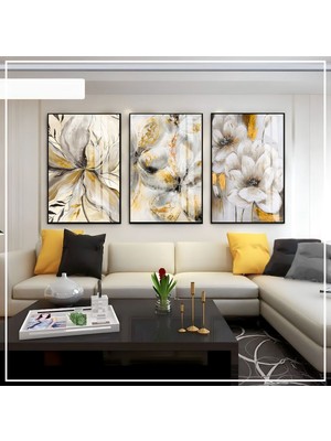 Harikabirev Harikabirev|beyaz-Siyah-Gold Soft Renk Soyut Çiçek Kombini 02 |çerçeveli Cam Tablo 3lü Dikey