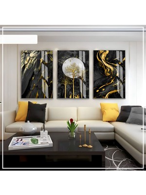 Harikabirev Harikabirev|siyah -Gold Renk Soyut Set 03 |çerçeveli Cam Tablo 3lü Dikey