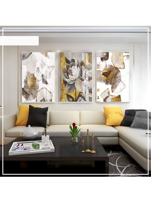 Harikabirev Harikabirev|beyaz-Gri-Gold Soft Renk Soyut Çiçek Set 01|çerçeveli Cam Tablo 3lü Dikey