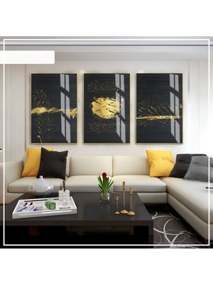 Harikabirev Harikabirev|siyah-Gold Soyut Seti 06 |çerçeveli Cam Tablo 3lü Dikey