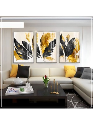 Harikabirev Harikabirev|siyah-Gold  Soyut Yaprak Seti 01 |çerçeveli Cam Tablo 3lü Dikey