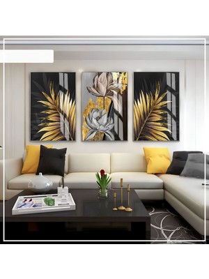 Harikabirev Harikabirev|siyah-Gold Yaprak Çiçek Seti 01|çerçeveli Cam Tablo 3lü Dikey