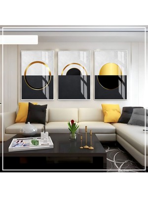 Harikabirev Harikabirev|gri-Siyah -Gold Soft Renk Soyut Seti 01 |çerçeveli Cam Tablo 3lü Dikey