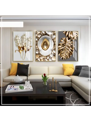 Harikabirev Harikabirev|beyaz-Gri-Gold Soft Renk Yaprak Inci Seti |çerçeveli Cam Tablo 3lü Dikey