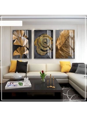 Harikabirev Harikabirev|gri-Siyah-Gold  Renk Soyut Yaprak Seti |çerçeveli Cam Tablo 3lü Dikey