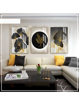 Harikabirev Harikabirev|gri-Siyah-Gold Soft Soyut Yaprak Seti |çerçeveli Cam Tablo 3lü Dikey