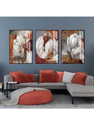 Harikabirev Harikabirev|gri-Kahverengi-Beyaz Çiçek Kombini |çerçeveli Cam Tablo  3lü Dikey
