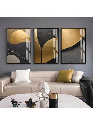 Harikabirev Harikabirev|siyah-Gold Soyut Kombini |çerçeveli Cam Tablo  3lü Dikey