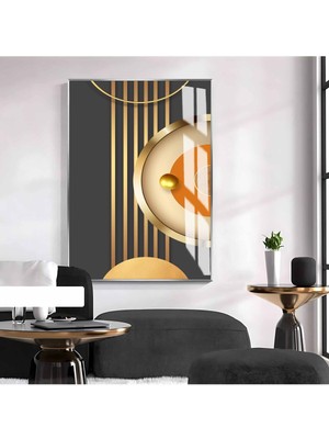 Harikabirev Harikabirev| Gold-Turuncu Soyut Model 2 |çerçeveli Temperli Cam Tablo Tekli Dikey