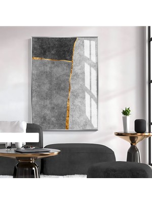 Harikabirev Harikabirev|soyut Gold-Siyah-Gri Elegant Desenli Model Iı |çerçeveli Temperli Cam Tablo Tekli Dikey