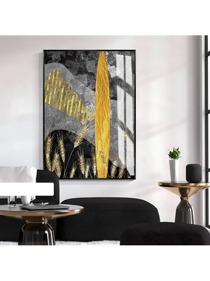 Harikabirev Harikabirev|gold-Siyah-Gri Soyut Yaprak Desenli Model 01 |çerçeveli Temperli Cam Tablo Tekli Dikey