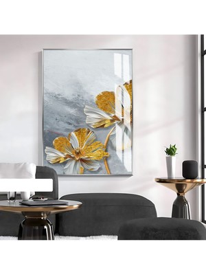 Harikabirev Harikabirev|gri-Gold Çiçekli Model Iıı |çerçeveli Temperli Cam Tablo Tekli Dikey