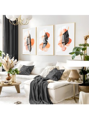Harikabirev Harikabirev|gri-Turuncu Minimal Yapraklı Kombini 02 |çerçeveli Cam Tablo 3lü Dikey