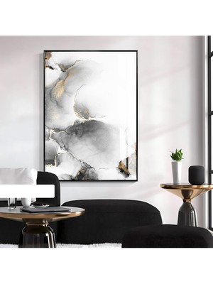 Harikabirev Harikabirev|soyut Siyah-Beyaz Gold Desenli Model Iı |çerçeveli Temperli Cam Tablo Tekli Dikey