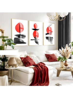 Harikabirev Harikabirev|kırmızı-Siyah Soyut Kombini |çerçeveli Cam Tablo 3lü Dikey