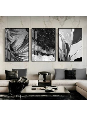 Harikabirev Harikabirev|siyah Beyaz Renk Sevilen Soyut Kombini |çerçeveli Cam Tablo 3lü Dikey