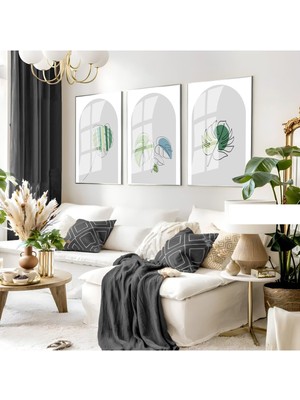Harikabirev Harikabirev|gri-Yeşil Minimalist Yapraklı Set 01 |çerçeveli Cam Tablo 3lü Dikey