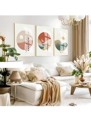 Harikabirev Harikabirev|soft Krem-Turkuaz Bohem Kombini 009 |çerçeveli Cam Tablo 3lü Dikey