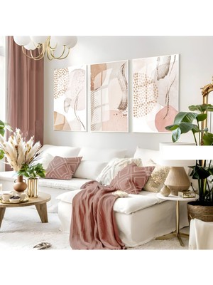 Harikabirev Harikabirev|soft Krem Soyut Bohem Kombini |çerçeveli Cam Tablo 3lü Dikey