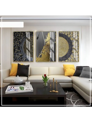 Harikabirev Harikabirev|siyah -Gold Renk Soyut Set 05 |çerçeveli Cam Tablo 3lü Dikey