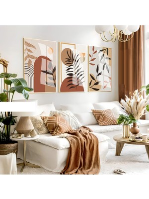 Harikabirev Harikabirev|kahverengi-Turuncu Bohem Yaprak Seti |çerçeveli Cam Tablo 3lü Dikey