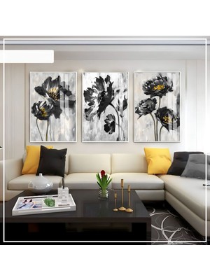 Harikabirev Harikabirev|gri-Siyah -Gold Soft Renk Soyut Seti 05 |çerçeveli Cam Tablo 3lü Dikey