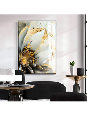 Harikabirev Harikabirev|gold-Beyaz Çiçek Desenli Modeli 2|çerçeveli Temperli Cam Tablo Tekli Dikey