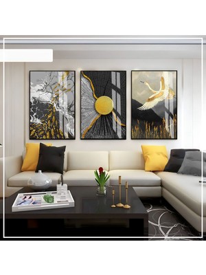 Harikabirev Harikabirev|siyah-Gri-Gold Kuş Balık Desen Soyut Set |çerçeveli Cam Tablo 3lü Dikey