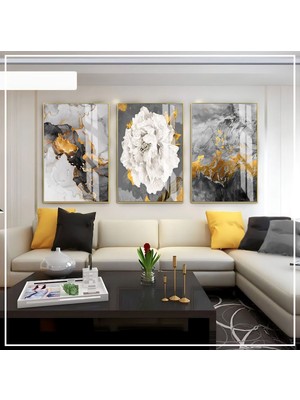 Harikabirev Harikabirev|siyah-Gold-Gri Soyut Çiçek Seti 02 |çerçeveli Cam Tablo 3lü Dikey