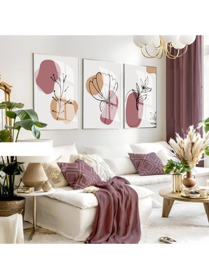 Harikabirev Harikabirev|soft Turuncu-Pembe Minimalist Çiçek Kombini|çerçeveli Cam Tablo 3lü Dikey