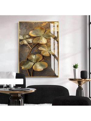 Harikabirev Harikabirev|gold Çiçek Desenli Model 02|çerçeveli Temperli Cam Tablo Tekli Dikey