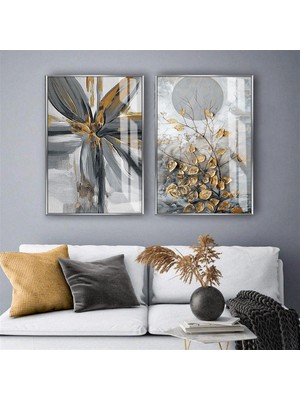 Harikabirev Harikabirev|gri-Kahve Renk Soyut Çiçek Kombin |temperli Çerçeveli Cam Tablo  2li Dikey