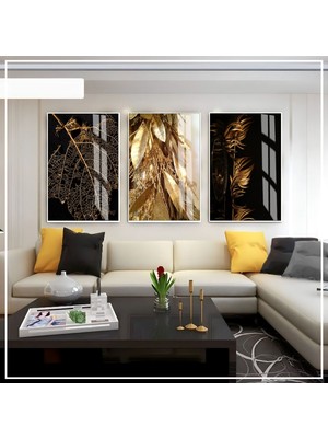 Harikabirev Harikabirev|siyah-Gold Soft Soyut Yaprak Seti |çerçeveli Cam Tablo 3lü Dikey