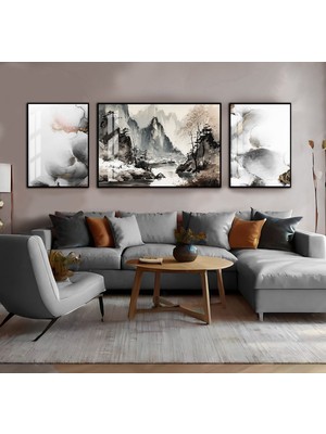 Harikabirev Harikabirev|gri Soyut Dağ Manzara Kombini|çerçeveli Temperli Cam Tablo 3lü Yatay