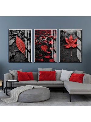 Harikabirev Harikabirev|kırmızı-Gri  Yapraklar Kombini |çerçeveli Cam Tablo  3lü Dikey