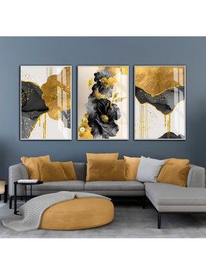 Harikabirev Harikabirev|gri-Gold-Siyah Soyut Çiçek Kombini |çerçeveli Cam Tablo  3lü Dikey
