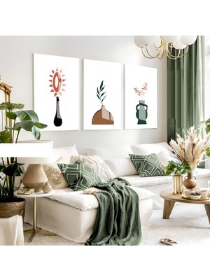 Harikabirev Harikabirev|çok Renkli Minimalist Çiçekli Bohem Seti |çerçeveli Cam Tablo 3lü Dikey