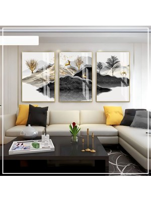 Harikabirev Harikabirev|gri-Siyah -Gold Soft Renk Geyikli Set |çerçeveli Cam Tablo 3lü Dikey
